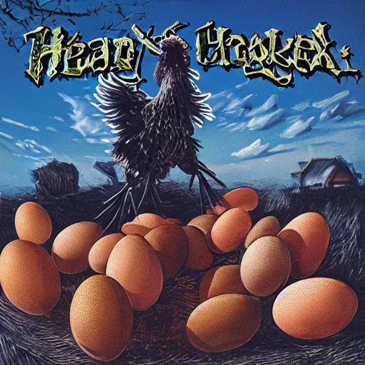 Image similar to Huge chicken and pile of eggs, heavy metal album cover, style of HR Geiger