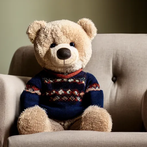 Image similar to a teddy bear on the couch staring at you with human eyes wearing a sweater vest, 4 k photo