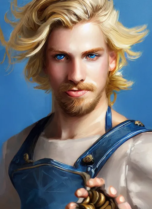 Image similar to a highly detailed illustration of long wavy bright blonde haired effeminate boy wearing blue blacksmith apron and iron mechanical arms, blue eyes, dramatic smiling pose, intricate, elegant, highly detailed, centered, digital painting, artstation, concept art, smooth, sharp focus, league of legends concept art, wlop