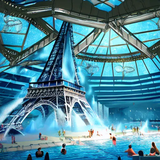 Image similar to paris eiffel tower waterpark with water slides, digital art, epic composition, highly detailed, cinematic lighting