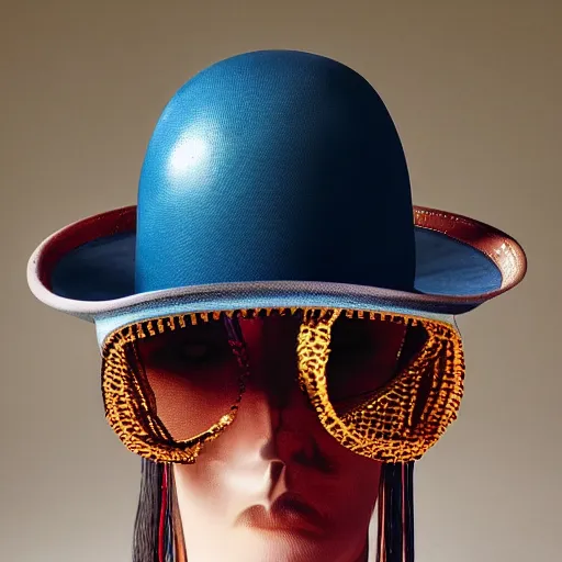 Image similar to [high tech cowboy hat in futuristic colours and fabrics, object design, couture]