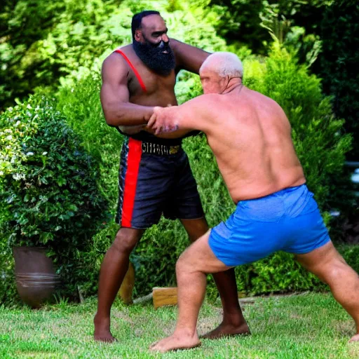 Image similar to mr. t fighting old man, backyard wrestling, intricate complexity, extremely detailed, very sharp,