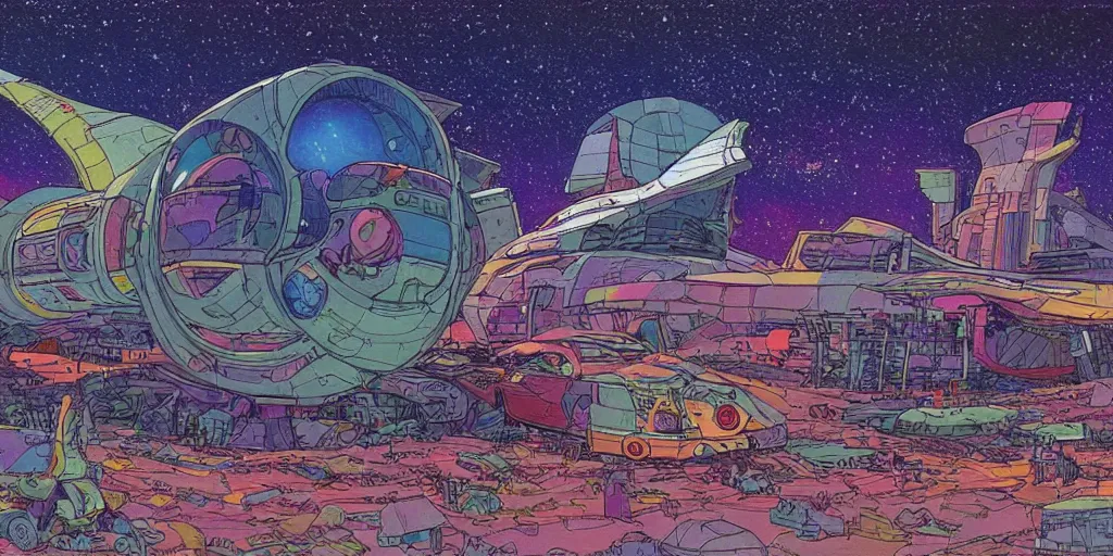 Prompt: colourful illustration of a space junkyard. futuristic high tech wrecked spaceship. thousands of stars in the background. art by moebius. science fiction art. detailed digital painting.