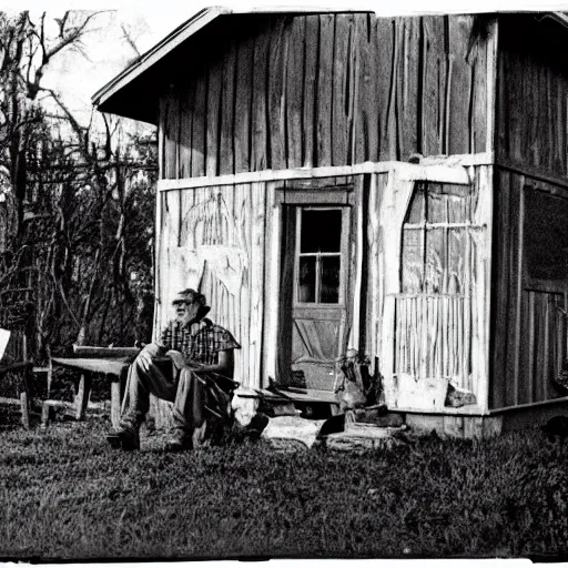 Image similar to a hillbilly drinking a bottle of beer infront of his shack home, blue overalls, redneck, photograph, 1 9 1 7, colorized, high quality, high resolution