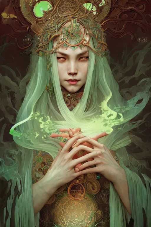 Image similar to beautiful ancient forgotten witch uses jade magic, highly detailed, digital painting, artstation, sharp focus, illustration, art by tan zi and ayanamikodon and alphonse mucha and wlop