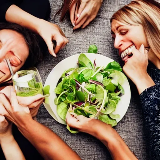 Prompt: Women crying and drinking salad