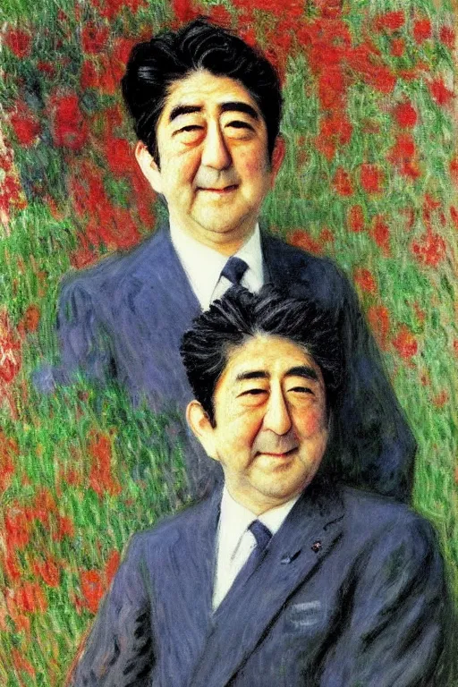 Image similar to portrait of shinzo abe painting by claude monet