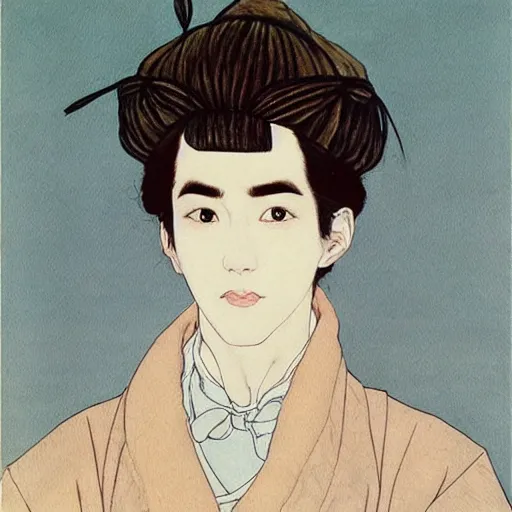 Image similar to painting of grumpy handsome beautiful man in his 2 0 s named min - jun in a french female maid outfit, modern clothing, elegant, clear, painting, stylized, delicate facial features, soft, art, art by takato yamamoto and egon schiele combined