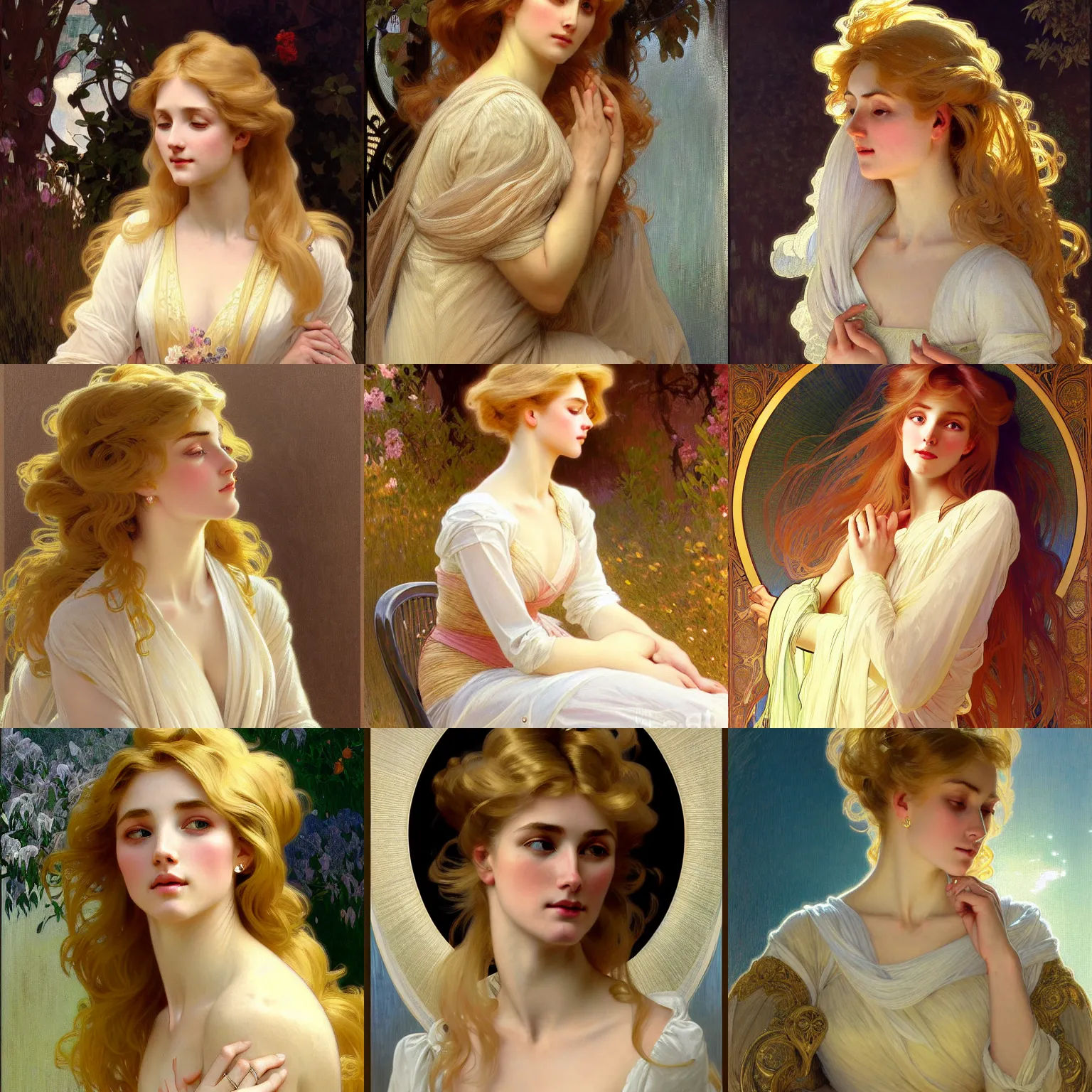 Prompt: painted portrait of a shy wife blessed by god with ever - increasing intelligence beauty and virtue. blonde, voluminous holy body dressed modestly, light effect. feminine, powerful, in clothes! intricate, elegant, highly detailed, digital painting, artstation, concept art, smooth, sharp focus, illustration, art by gaston bussiere and alphonse mucha