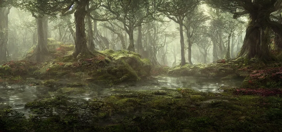 Image similar to A beautiful hyper realistic ultra detailed lifelike matte painting of a dark fantasy forest, unreal engine, deviantart, flickr, artstation, octane render, textured, colorful, extreme realistic detail, physically based rendering, pbr render, very detailed, volumetric lighting, detailed lighting, octane render, 4k, cinematic lighting, 8k resolution