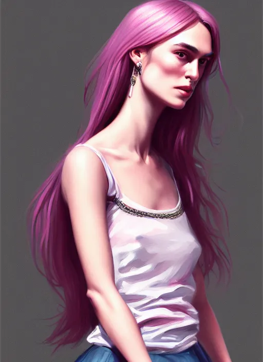 Image similar to full body portrait, teenage keira knightley, pink hair, sultry, realistic, hoop earrings, skirt, shirt, intricate, elegant, highly detailed, digital painting, artstation, concept art, smooth, sharp focus, illustration, art by wlop, mars ravelo and greg rutkowski