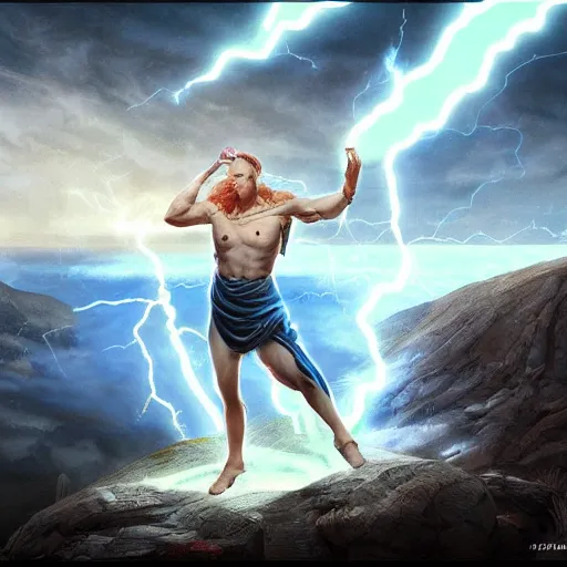 Image similar to benjamin netanyahu as a greek god of lightning, shooting lightning bolts, highly detailed, ultra clear, by artgerm and greg rutkowski