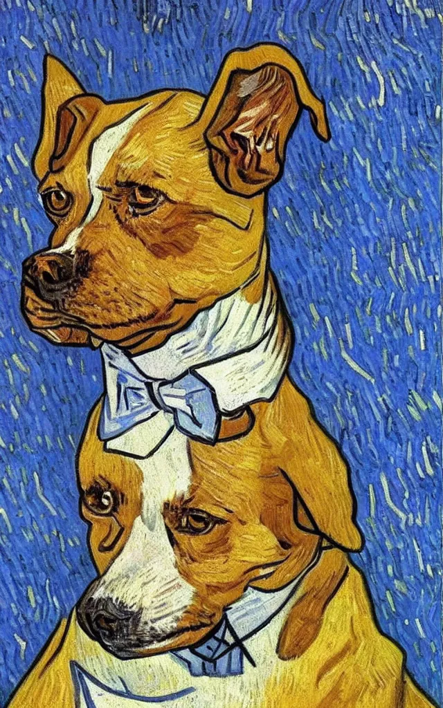 Prompt: a painting by Van Gogh of a dog wearing a suit, dramatic lighting