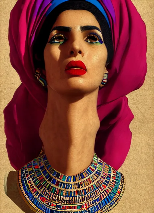 Image similar to portrait of an egyptian woman with a crooked nose and a confident expression, 1 9 6 0 s, colorful clothes, punk, funk, intricate, elegant, highly detailed, digital painting, artstation, concept art, smooth, sharp focus, illustration, art by wlop, mars ravelo and greg rutkowski