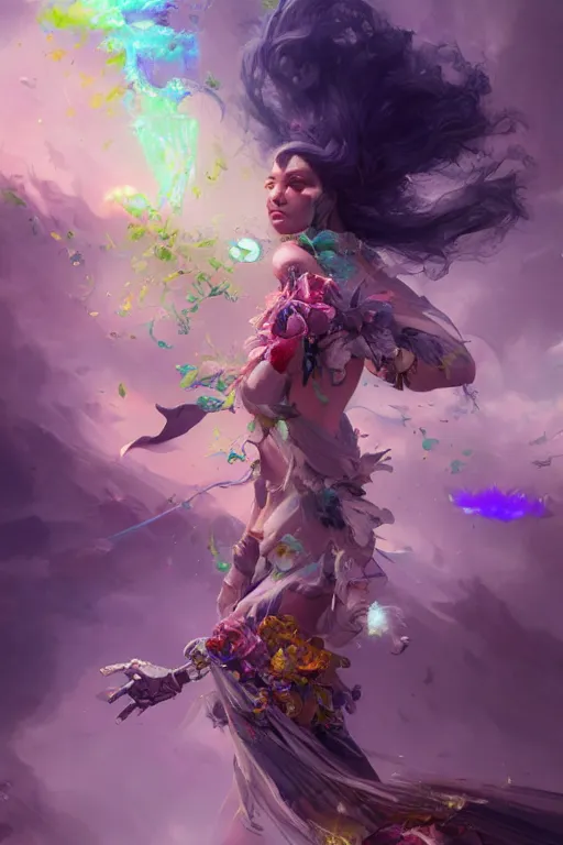 Image similar to beautiful girl necromancer covered with crystals exploding rainbow, 3 d render, hyper realistic detailed portrait, holding magic leaves, ruan jia, wlop. scifi, fantasy, hyper detailed, octane render, concept art, peter mohrbacher