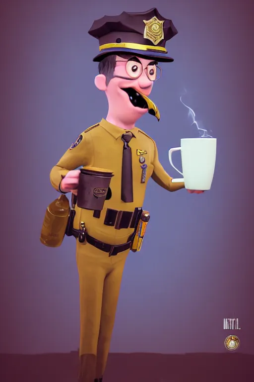 Prompt: an epic fantasy comic book style full body portrait painting of a funny police man drinking a cup of coffee, character design by Mark Ryden and Pixar and Hayao Miyazaki, unreal 5, DAZ, hyperrealistic, octane render, cosplay, RPG portrait, dynamic lighting, intricate detail, summer vibrancy, cinematic