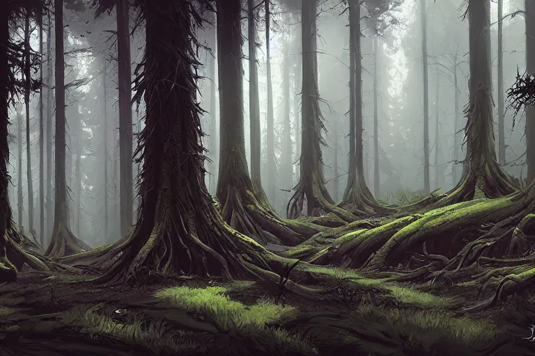 Prompt: dark forest with huge dead jungel trees by Andreas Rocha