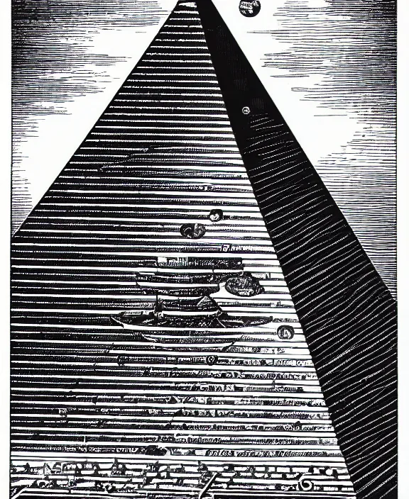 Image similar to realistic space mothership in the shape of pyramid with book tractor beam on white background, art by james o barr and albrecht durer, woodblock print, engraved, black and white, vector, vector art