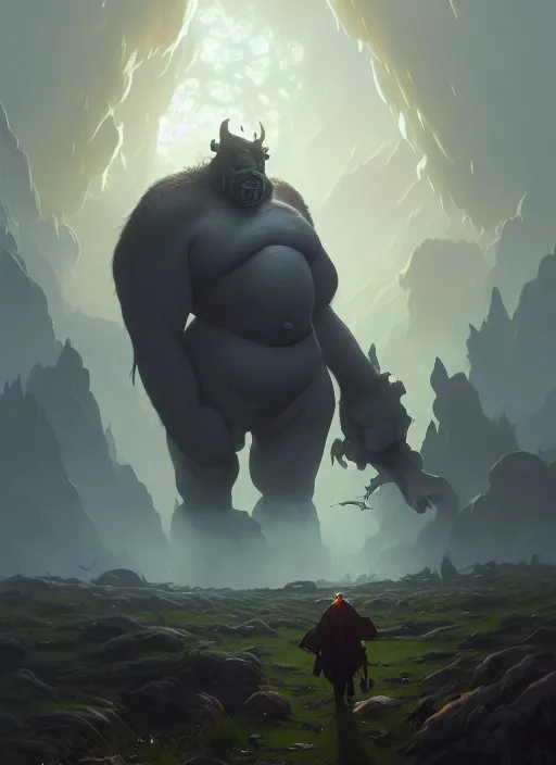 Image similar to highly detailed portrait of a big fat grey orc, unreal engine, fantasy art by greg rutkowski, loish, rhads, ferdinand knab, makoto shinkai and lois van baarle, ilya kuvshinov, rossdraws, tom bagshaw, alphonse mucha, global illumination, radiant light, detailed and intricate environment