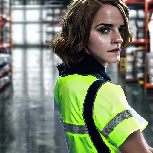 Image similar to photo, close up, emma watson in a hi vis vest, in warehouse, portrait, point and shoot camera, underexposed backlit,