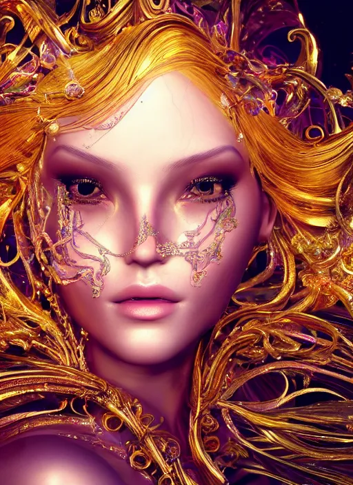 Image similar to beauteous practical sumptuous tattood beautiful face, crystal, gold, copper, bronze biomechanical with incredible iridescent pearlescent voluminous neon hair, crystalline masterpiece incrustations, hyperdetailed face, elegant pose, movie still, intricate, octane render, cinematic forest lighting, unreal engine, crepuscular rays, god rays