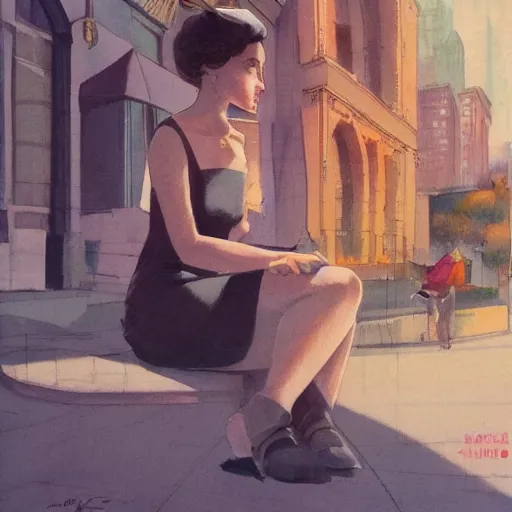 Prompt: woman sitting, city, looking down, street top view, by rossdraws, adrian wilkins, enoch bolles