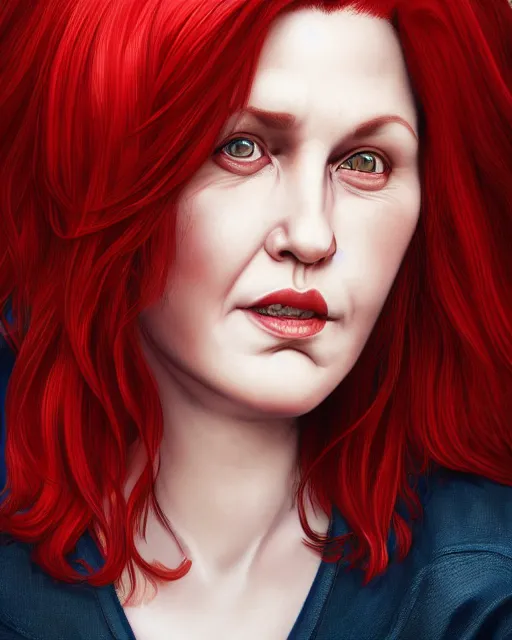 Image similar to portrait of short and plump 5 0 - year - old woman with red hair and a kind face, hyper realistic face, beautiful eyes, character art, art by mark brooks, hyperdetailed, cryengine, trending on artstation, digital art