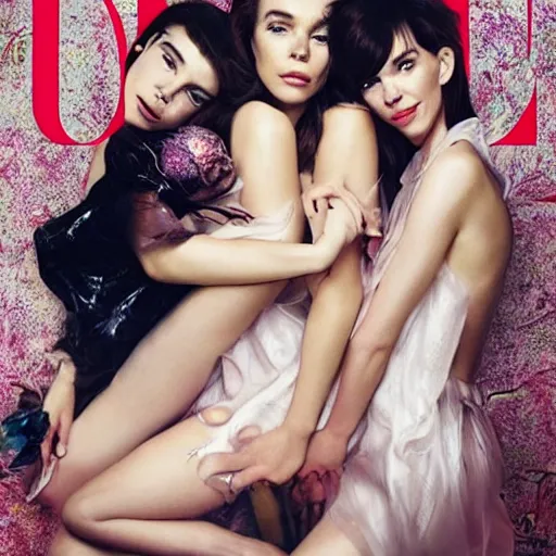 Prompt: stunning vogue magazine photo of dark - haired goddesses vanessa kirby, hailee steinfeld, and bjork smiling, legs intertwined, laying back on the bed, with wet faces!!, wet lips, smooth skin, perfect eyes, insanely detailed, elegant, by wlop, rutkowski, livia prima, mucha, wlop,