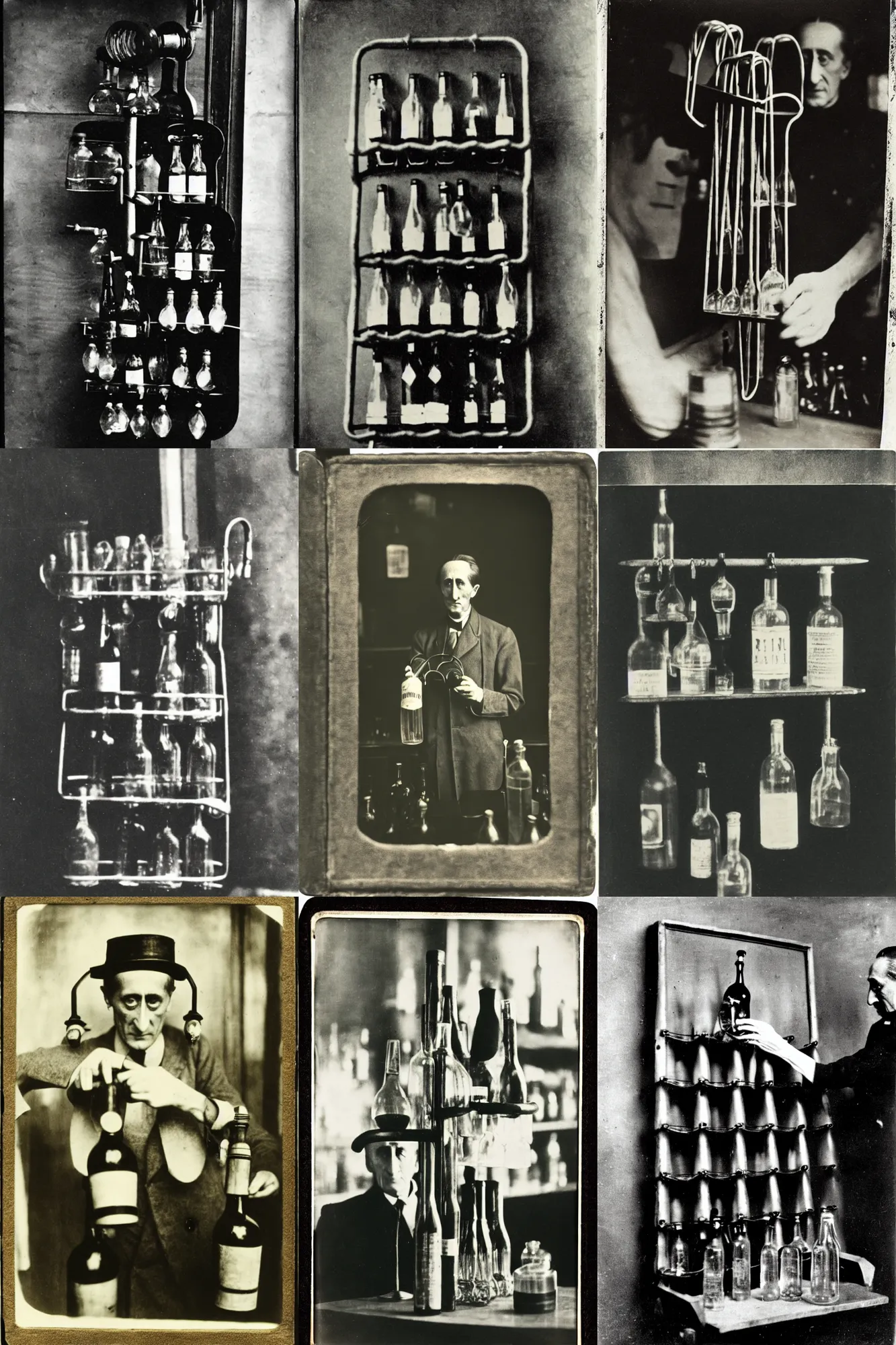 Prompt: tintype of marcel duchamp stealing a bottle rack at the bar