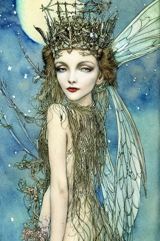 Image similar to fairy princess with a bat wing crown, night sky background, art by luis royo and walter crane and kay nielsen, watercolor illustration,