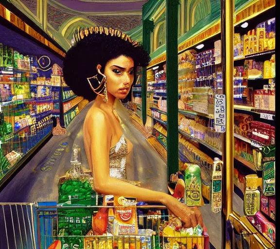 Prompt: low angle photography cleopatra in a grocery store, deep focus, intricate, elegant, highly detailed, digital painting, artstation, concept art, matte, sharp focus, illustration, art by nan goldin, cinematographyby jom jarmusch