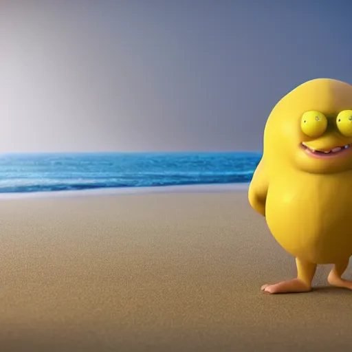 Prompt: a lemon cartoonish character, that is muscular, is relaxing on a beach, inspired by dalle - 2, octane render, 3 d, volumetric lightening