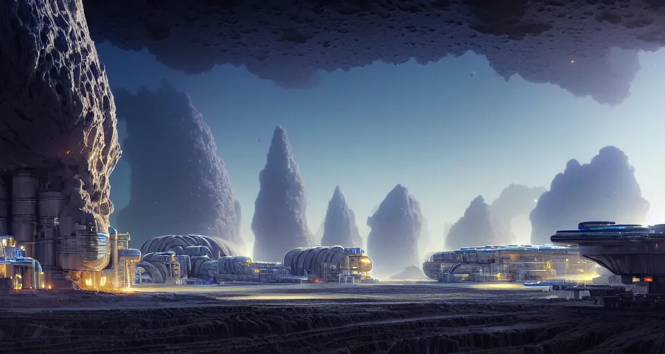 Prompt: a highly detailed digital matte painting of a high-tech mining colony and with extraction pumps and silos on the surface of an asteroid in space, by Raphael Lacoste and Stephan Martiniere and Peter Mohrbacher and Robert McCall, volumetric lighting, hyperdetailed, octane render, 8k H- 640