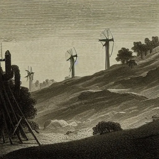 Image similar to landscape with windmills, gustave dore engraving