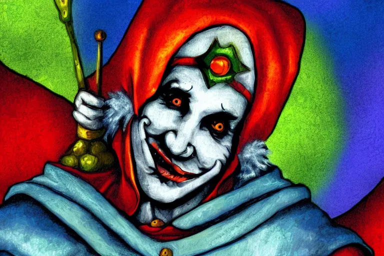 Image similar to medieval jester, colorful, sinister, digital art,