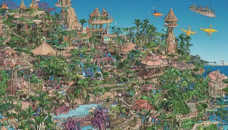 Prompt: beautiful seaside tropical village by moebius, intricate, very beautiful, highly detailed