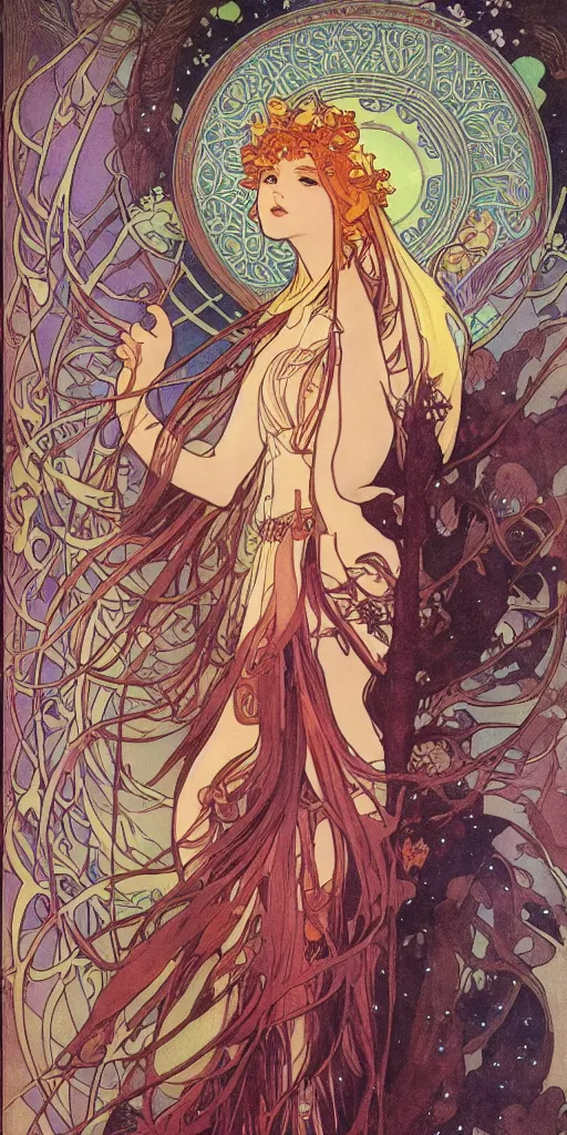 Prompt: Ethereal elven goddess of autumn and galaxies. Manga artbook illustration by CLAMP and Alphonse Mucha.