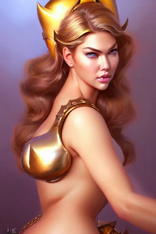 Image similar to hyper-realistic, gorgeous!!! woman resembling kate upton as bowsette, elegant, warrior princess, intricate, highly detailed, artstation, digital painting, smooth, concept art, illustration, character design, sharp focus, art by artgerm & JeeHyung lee & WLOP