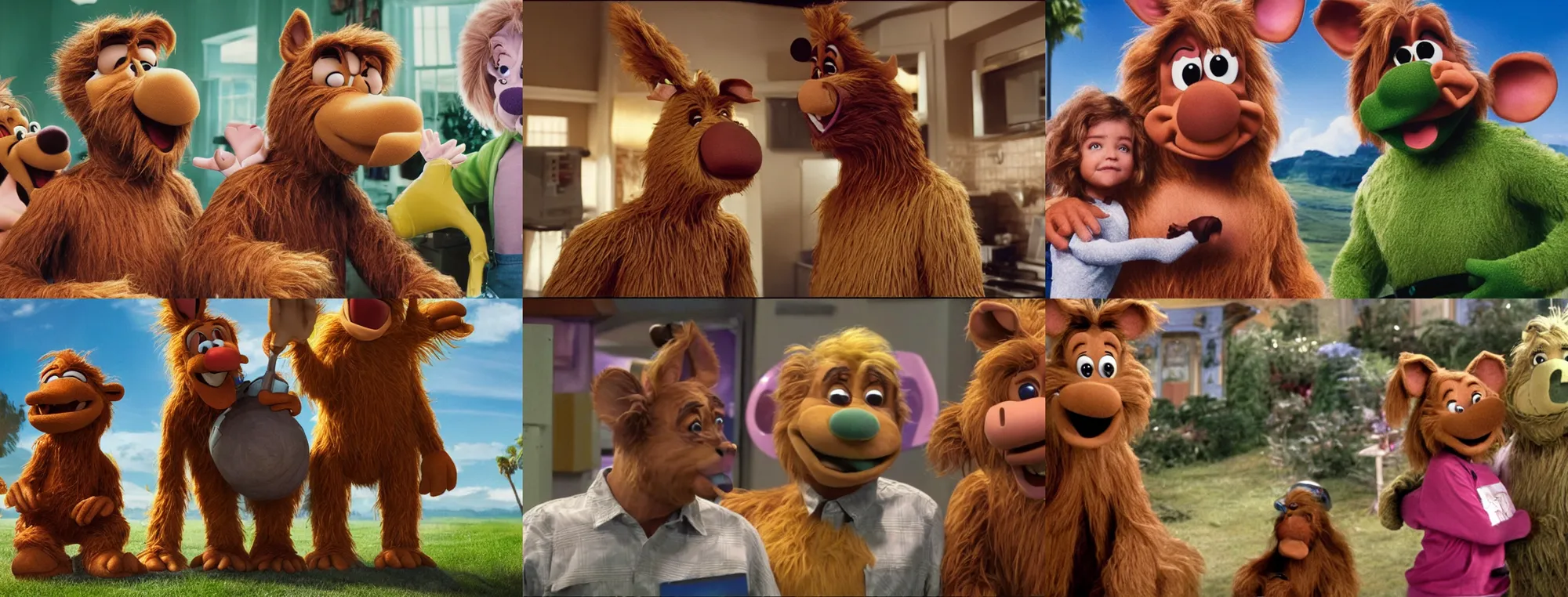 Prompt: crossover remake of Alf, still from a Disney Channel sci-fi comedy, 2015 cinematography, VFX by Framestore
