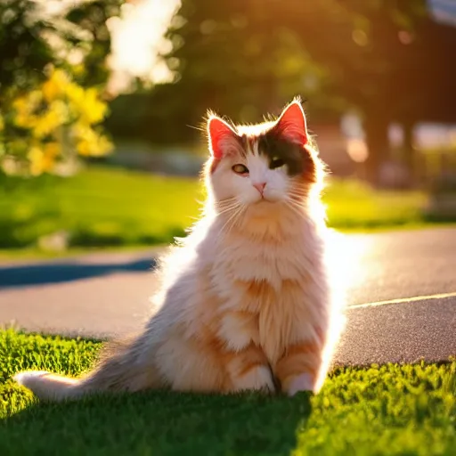 Image similar to a fluffy cute calico cat sitting on the corner of a front yard outside in the late afternoon on a beautiful summer day, sunset