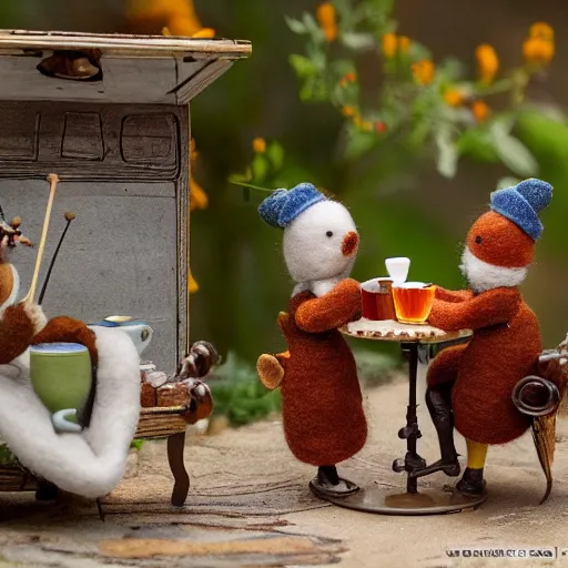 Image similar to an anthropomorphic stop motion little worker bee having a tea party with another worker at the entrance of their hive while on break, both are wearing victorian dresses, photography, felt, plush, yarn, high resolution, photorealistic, national geographic