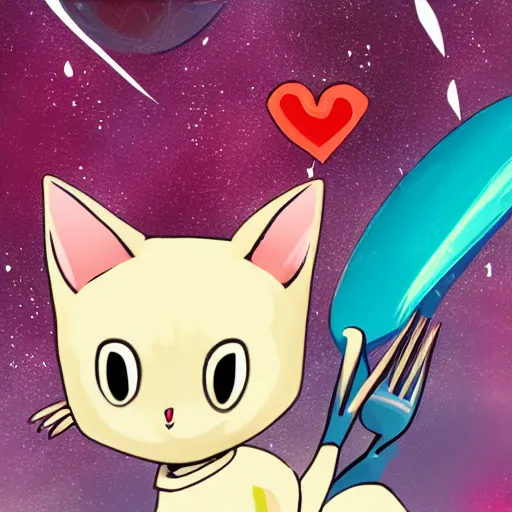 Image similar to the vtuber spork of love, a space cat who sings, featured on artstation