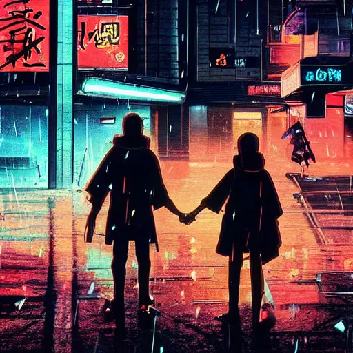 Prompt: illustration of a worn out samurai holding hands with his daughter that got time travelled to a futuristic colonized Martian city, rainy day, neon glow concept art, sharp focus, cyberpunk 2077, scifi, octane render, art by Ilya Kuvshinov, wallpaper, highly detailed, anime key visual, warm colors, epic landscape, HD digital art, artstation