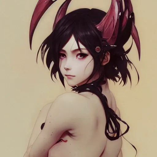 Prompt: a beautiful anime girl wtih demon horns and wings,full body painting,by Greg Rutkowski and Ilya Kuvshinov and Alphonse Maria Mucha,super clear detailed,hyper realistic,trending on artstation,4k
