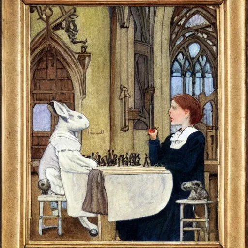 Image similar to a young edwardian woman playing chess against a rabbit inside a church in the style of Carl Larsson