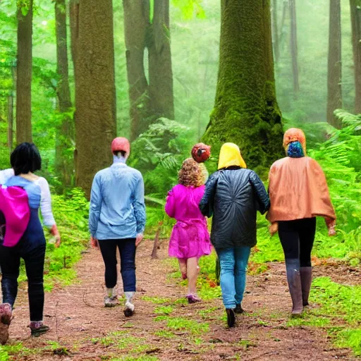 Prompt: A group of friends in costumes walking in the forest looking for mushrooms while a thunderstorm is brewing in the background