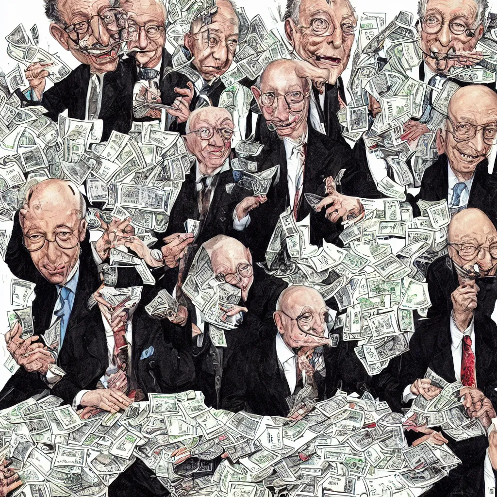 Image similar to Jacob Rothschild and george soros, bill gates and Klaus Schwab by Ralph Steadman, are counting stacks of money around a desk globe illustration, body horror, biopunk, 8k , trending on artstation