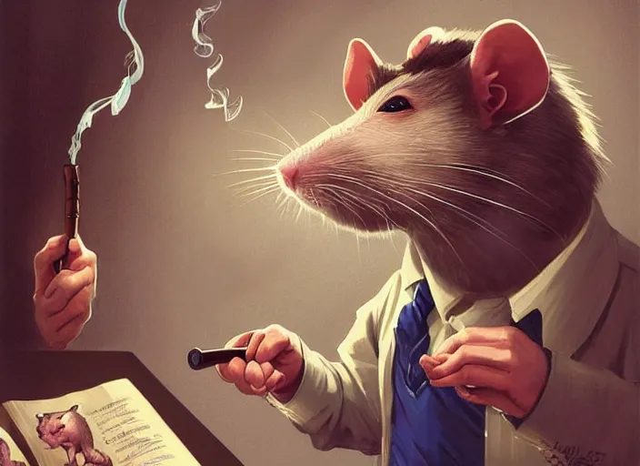 Image similar to portrait of a cute pet rat dressed as an english professor, smoking a pipe, giving a lecture in a university chemistry lab, digital art, artstation, fantasy, cinematic, fine details by realistic shaded lighting poster by ilya kuvshinov katsuhiro otomo, magali villeneuve, artgerm, jeremy lipkin and michael garmash and rob rey