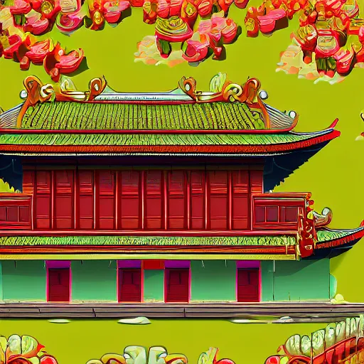 Prompt: vietnamese temple scene, 2 d game art background, level design, in style of lam manh