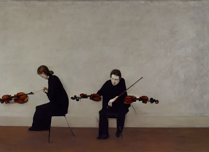 Image similar to two young violin players concentrating, francis bacon and pat steir and hilma af klint and james jean, psychological, intriguing details, unreal 5, altermodern